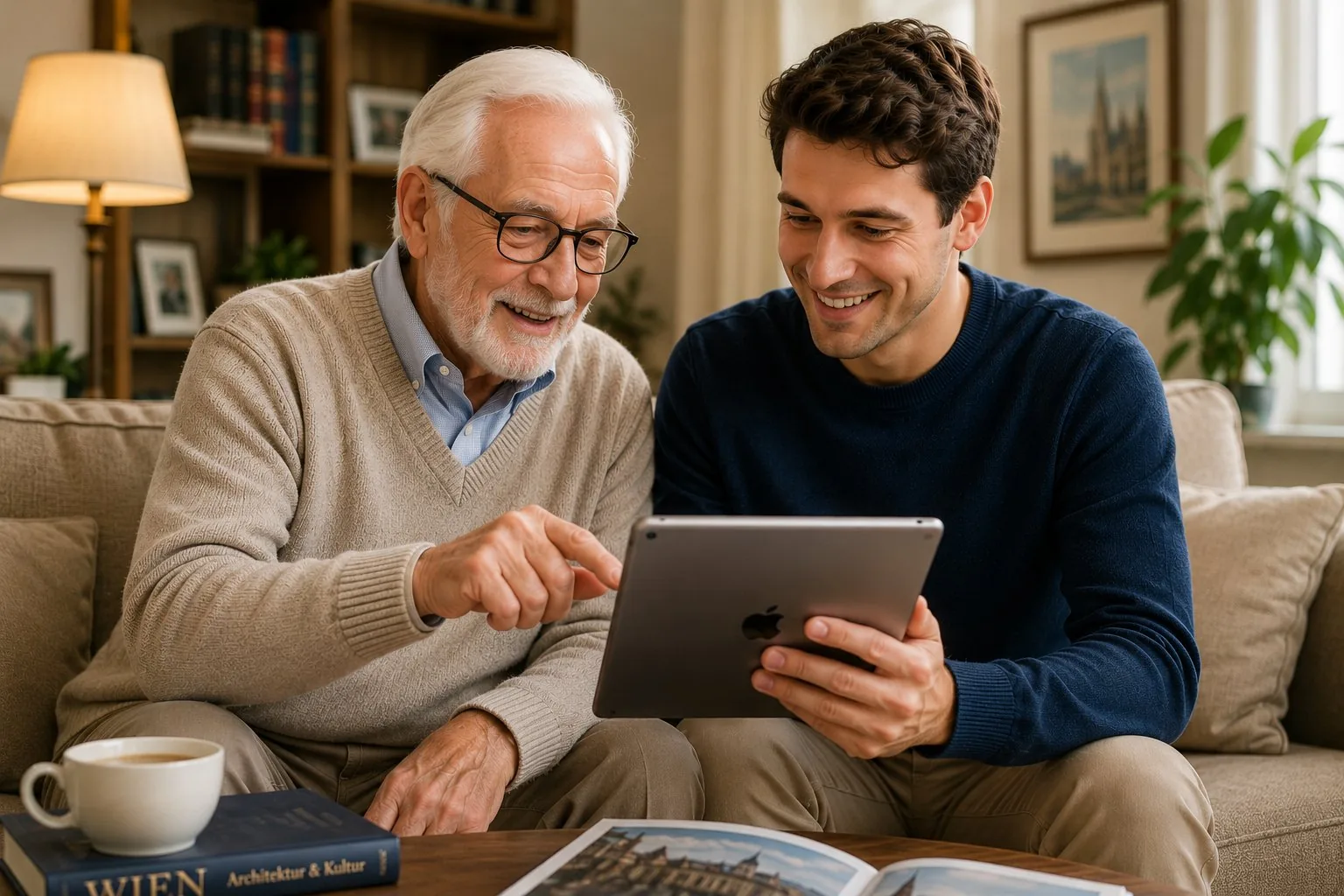 Senior and student companion with tablet